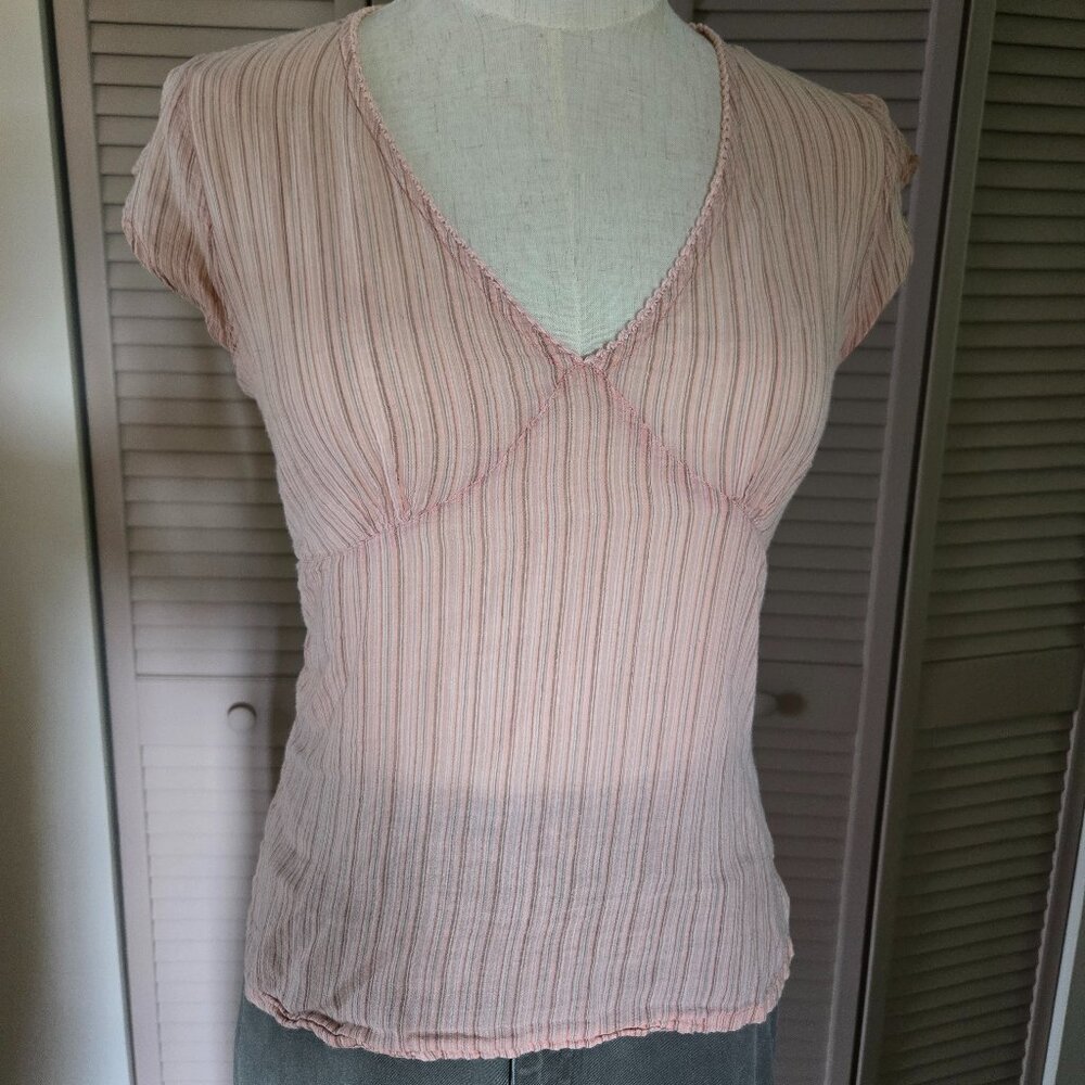 DCC Sheer & Feminine Medium Blouse Peachy Pink with White/Tan/Brown/Gray Stripes